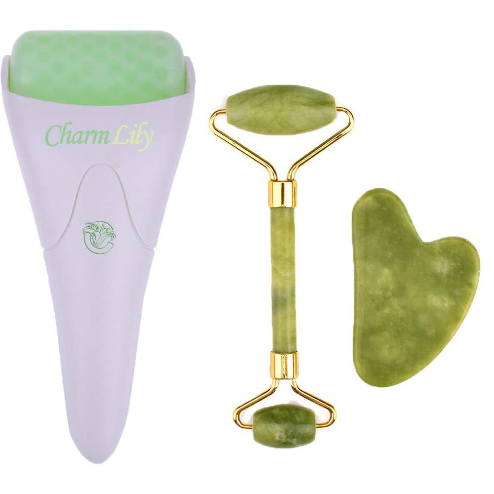 Jade & Ice Roller + Gua Sha Massager Tool Set for Face & Eyes by Charmlily, Puffiness, Reduce Wrinkle Aging, Migraine, Pain Relief on Neck & Body, Cold Facial Original Natural Stone - 3 in 1 (Jade) Jade - BeesActive Australia