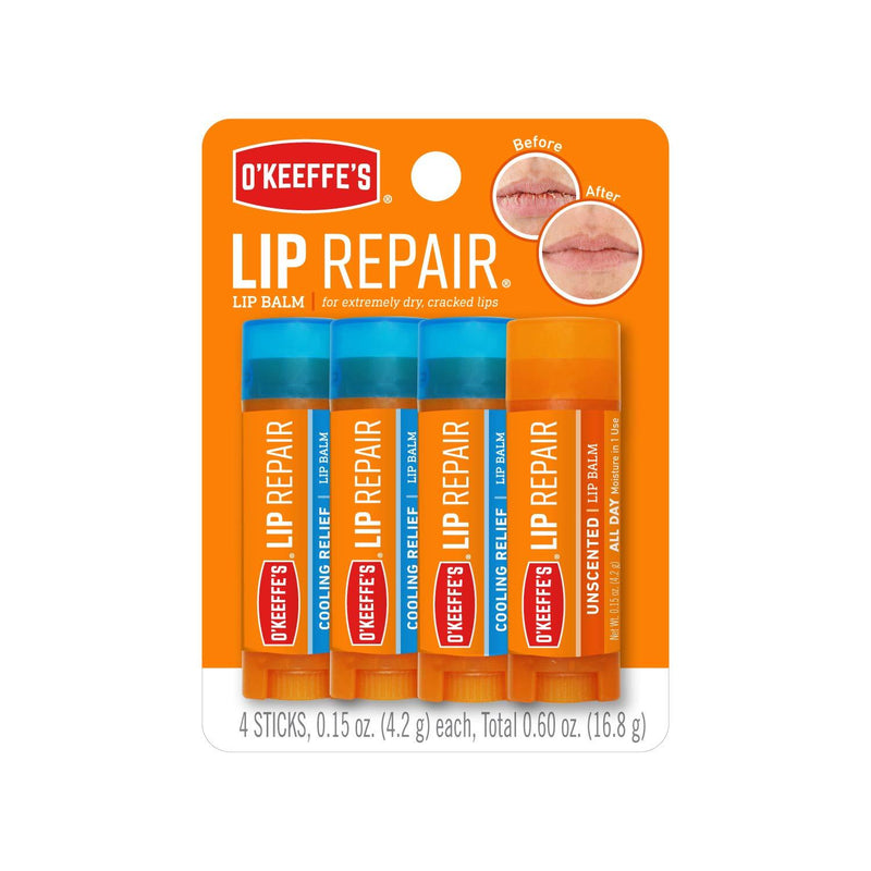 O'Keeffe's Lip Repair Lip Balm for Dry, Cracked Lips, Stick (Pack of 4: 3 Cooling + 1 Unscented) - BeesActive Australia