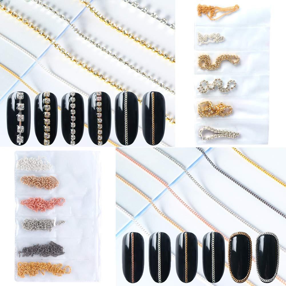 Nail Diamonds Chains Nail Art Supplies 12 Strips Metallic Nail Chains Glitter Bling Design Nail Jewels Decoration Accessories 3D Nail Charms DIY Manicure Tips Acrylic Nail Decor Beauty - BeesActive Australia