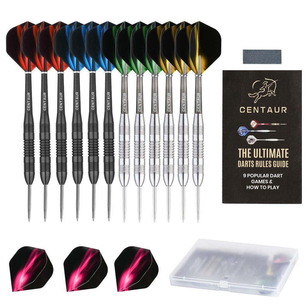 [AUSTRALIA] - CENTAUR 12 Pack Steel Tip Darts, Professional 22 Grams Metal Dart Set with Frosted PVC Shafts and 5 Style PET Flights and Dart Case, Flight Protector Dart Board Kit Accessories, Silver & Black 
