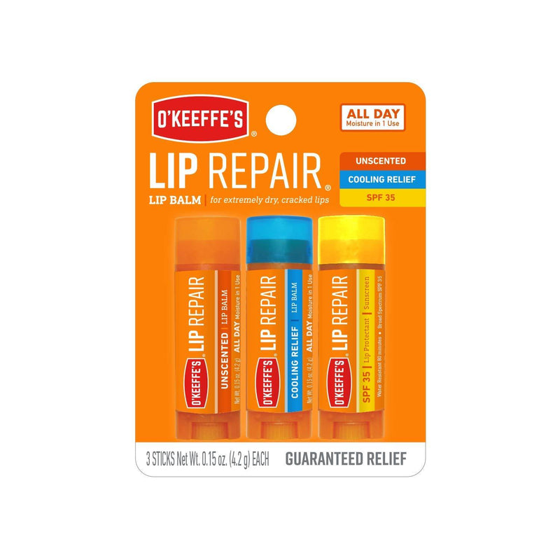 O'Keeffe's Lip Repair Lip Balm for Dry, Cracked Lips, Stick (Pack of 3: 1 Cooling + 1 Unscented + 1 SPF) - BeesActive Australia