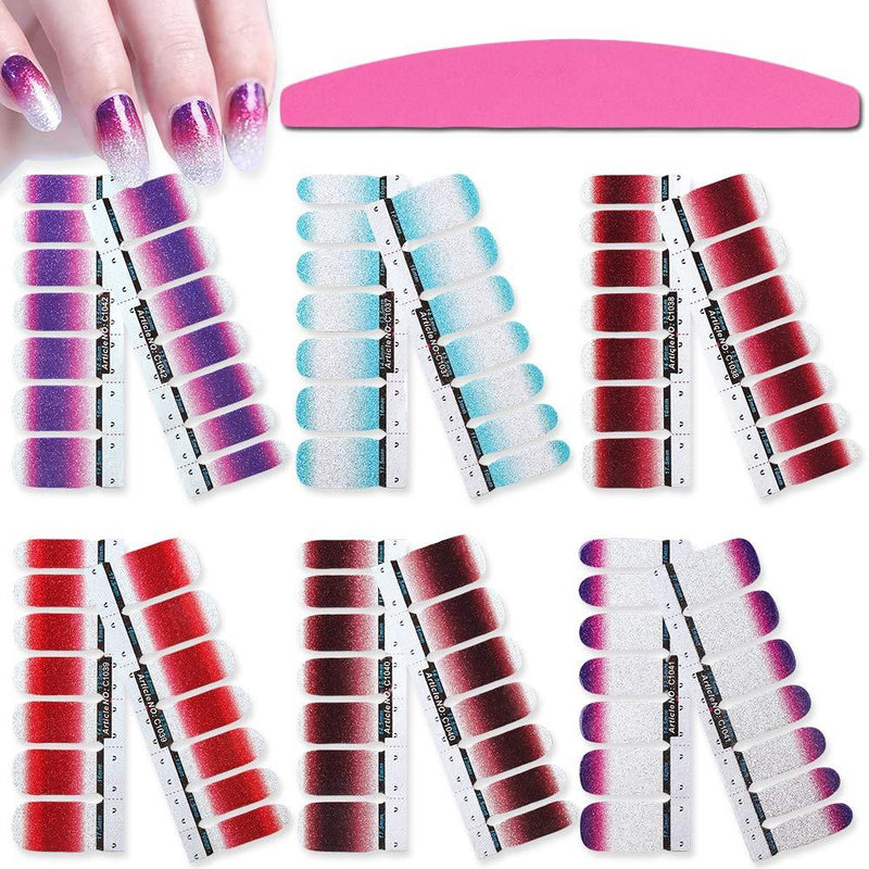 SILPECWEE 6 Sheets Glitter Nail Polish Wraps Strips Solid Color Adhesive Nail Art Decals Stickers Tips Manicure Kit and 1Pc Nail File NO2 - BeesActive Australia