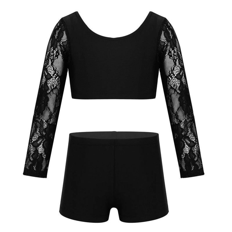 [AUSTRALIA] - renvena Kids Girls Two Piece Sports Outfits Long Sleeves Lace Tops with Bottoms Set Ballet Dance Gymnastic Dancewear Black 12 