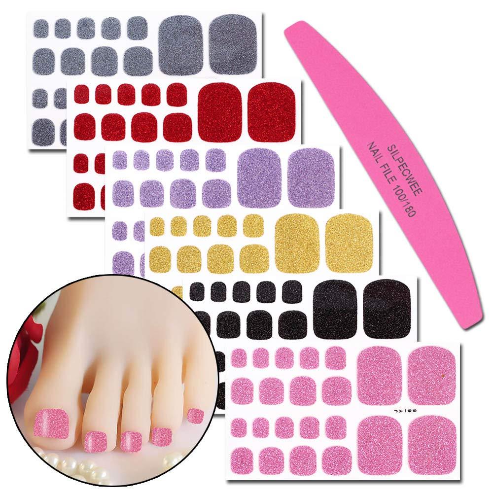 SILPECWEE 6 Sheets Glitter Adhesive Nail Polish Wraps Stickers Strips Set and 1Pc Nail File Solid Color Nail Art Decals Manicure Kit - BeesActive Australia