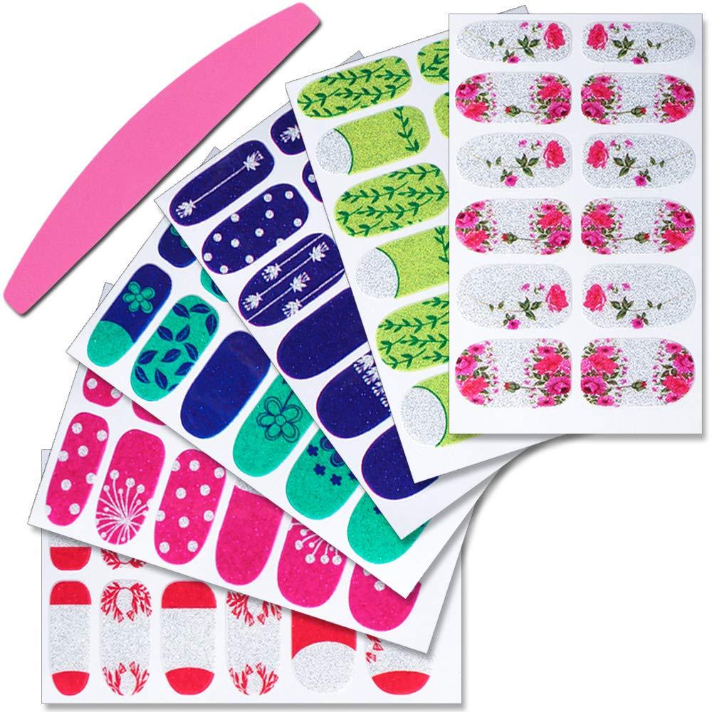 SILPECWEE 6 Sheets Adhesive Nail Polish Strips Stickers Tips Flower Design Nail Wraps Nail Decals Manicure Accessories and 1Pc Nail File NO2 - BeesActive Australia