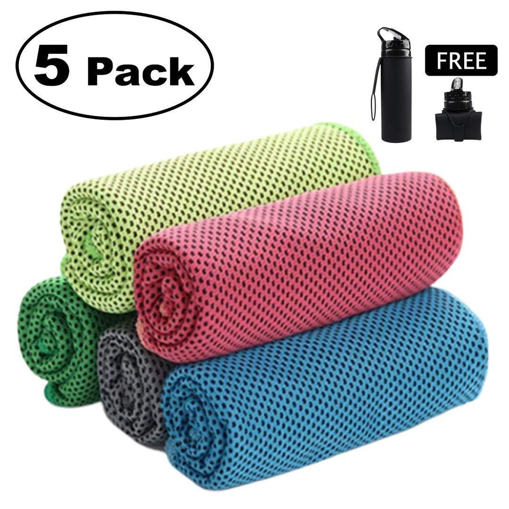[AUSTRALIA] - HEALH ME Individual 5 Pack Cooling Towel – Free Collapsible Water Bottle 20Oz - Instantly Cool Unlimited Cold Fast Dry Evaporative – Neck Cooler - Ice Cooling Scarf – Lightweight Great Absorption 