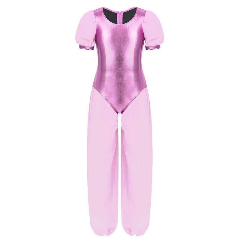[AUSTRALIA] - MSemis Kids Girls Arab Princess Shiny Metallic Gymnastics Leotard Chiffo Splice Unitard Stage Dancewear Pink 4 
