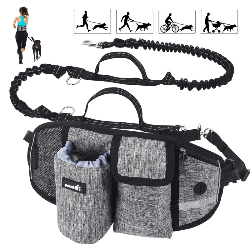 Pecute Hands Free Dog Leash with Multi Pouches, Strong Shock Absorbing Bungee Dog Leash with Reflective Stitches, 2 Handle Dog Waist Belt Leash for Running Hiking Walking Large Gray - BeesActive Australia