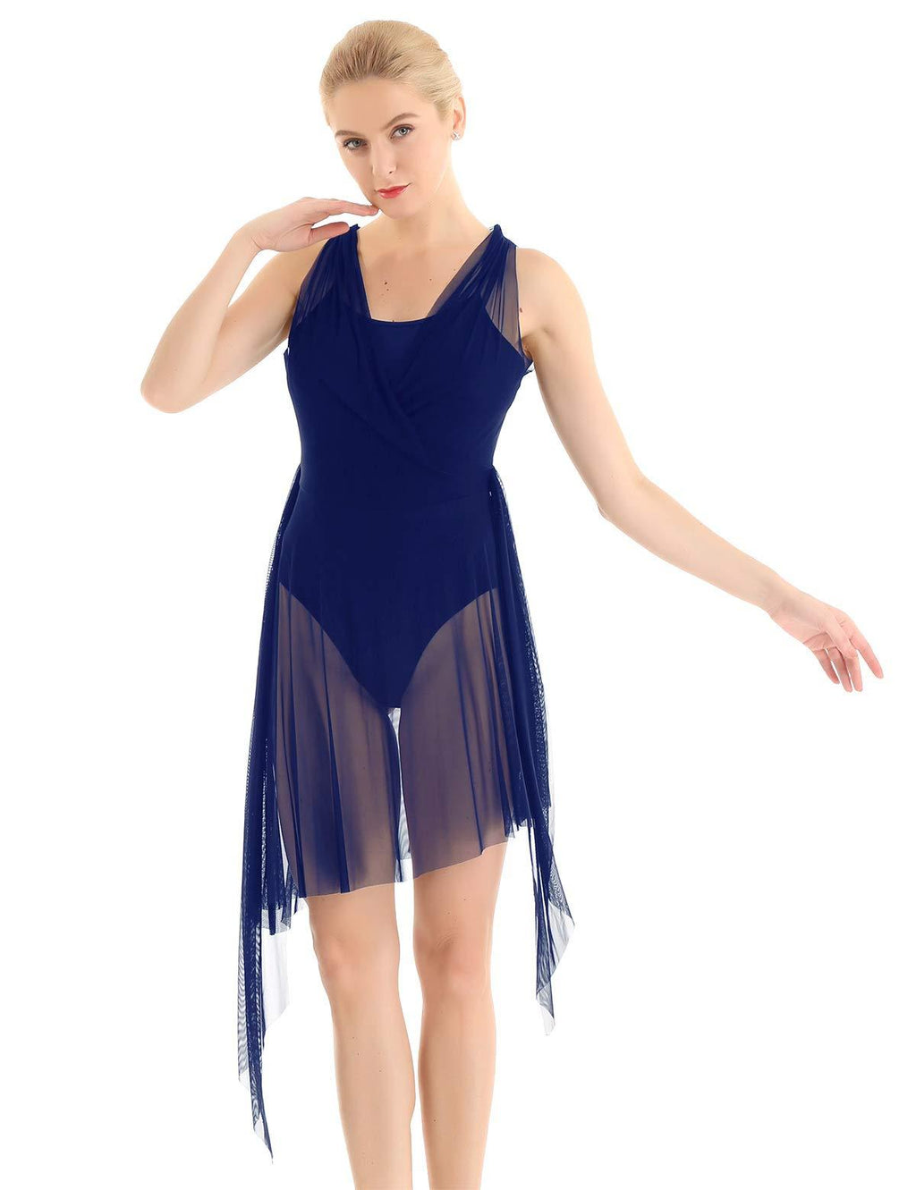 [AUSTRALIA] - ACSUSS Lyrical Women Adult Dance Dress Leotard Mesh V Neck Dancewear Flowy High Low Skirt Navy_blue Medium 