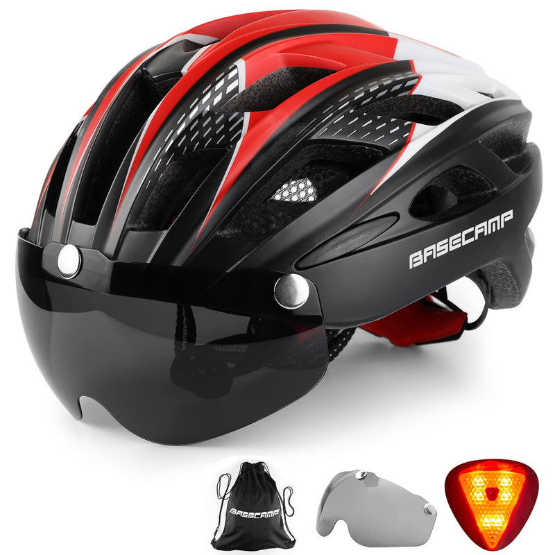 Bike Helmet, Basecamp Bicycle Helmet with Rear Light & Detachable Magnetic Goggles & Portable Backpack Lightweight Cycling Helmet Adjustable for Adult Men Women Mountain & Road (BC-069) BlackRedWhite - BeesActive Australia