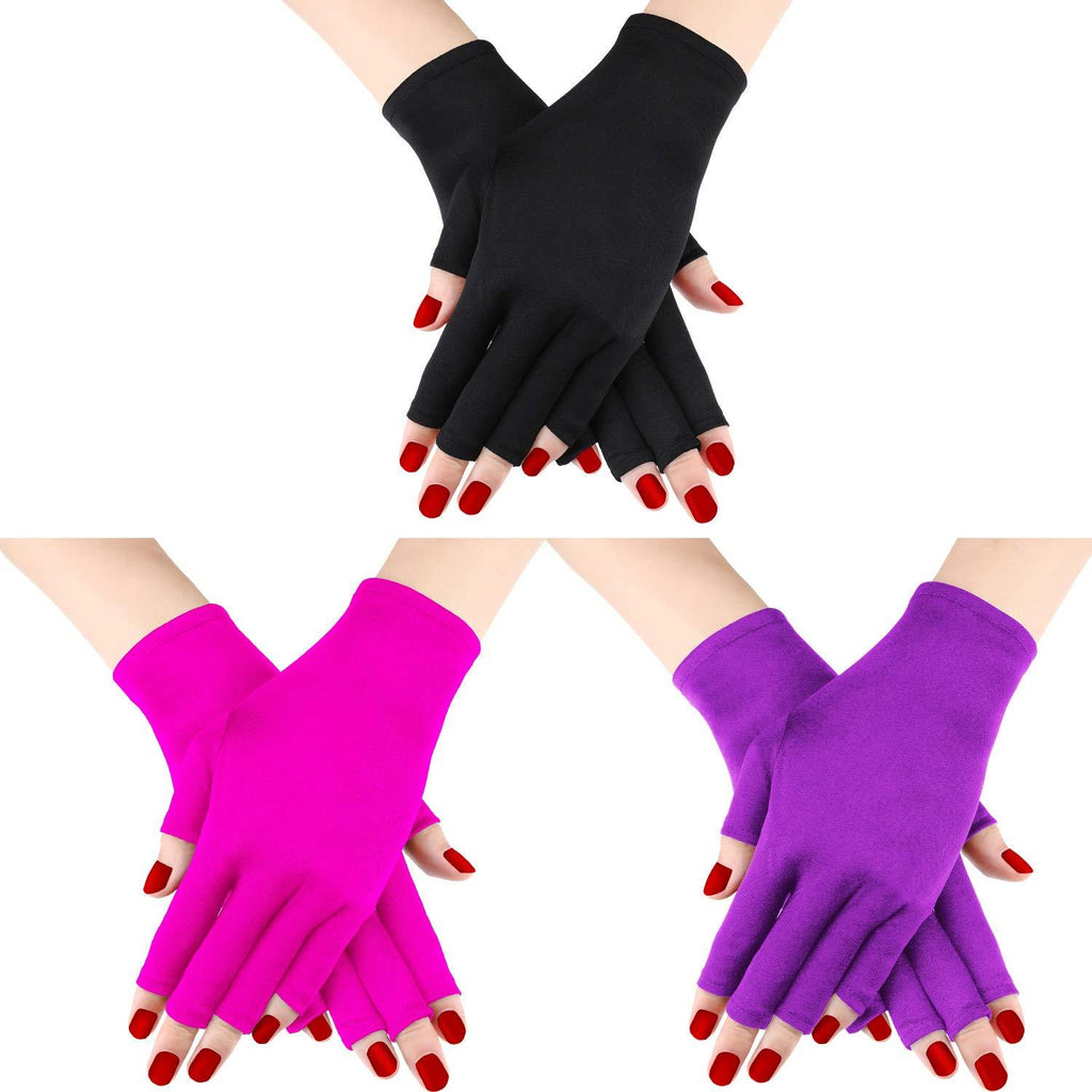 3 Pairs UV Shield Glove Gel Manicures Glove Anti UV Fingerless Gloves Protect Hands from UV Light Lamp Manicure Dryer (Black, Purple, Rose Red) Black, Purple, Rose Red - BeesActive Australia