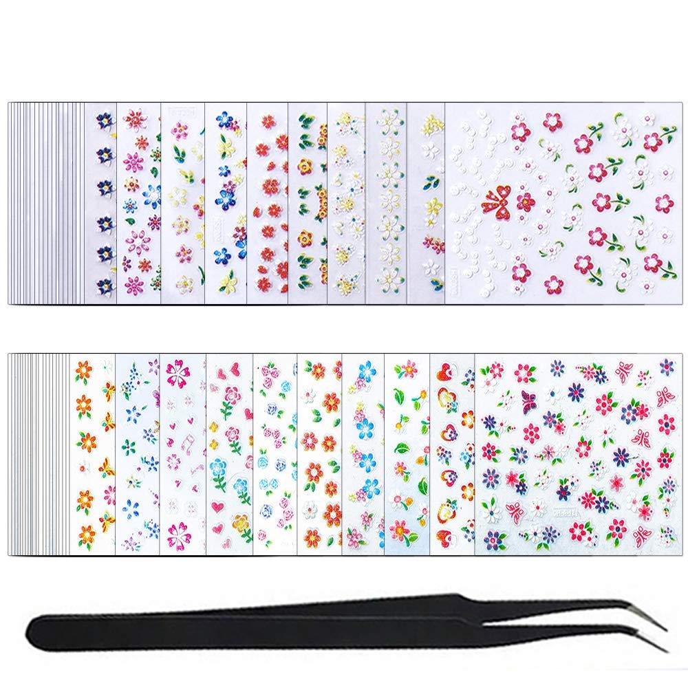 WOKOTO 60 Sheets Adhesive Nail Art Sticker Tips 3D Colorful Flower Design Holographic Nail Decals Set Manicure Accessories With 1Pc Tweezers KIT2 - BeesActive Australia