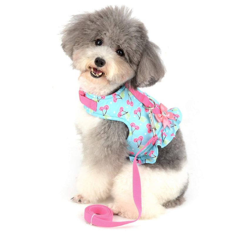 SMALLLEE_LUCKY_STORE Bow Flower Striped Print Cat Small Dog Harness Dress with Leash for Girls Adjustable No Pull Escape Proof Soft Walking Jacket Waterproof Puppies Kitten Harness Vest Outdoor M(chest 16.5-17.5 Inch) blue cherry - BeesActive Australia