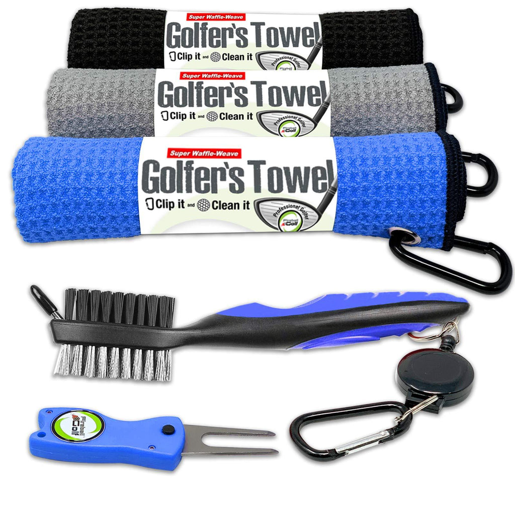 Fireball Golf Towel Gifts and Accessories Set (many colors) - 3 golf towels, golf divot tool, ball marker, and golf cleaning brush, golf gifts for men, women, children Blue - BeesActive Australia