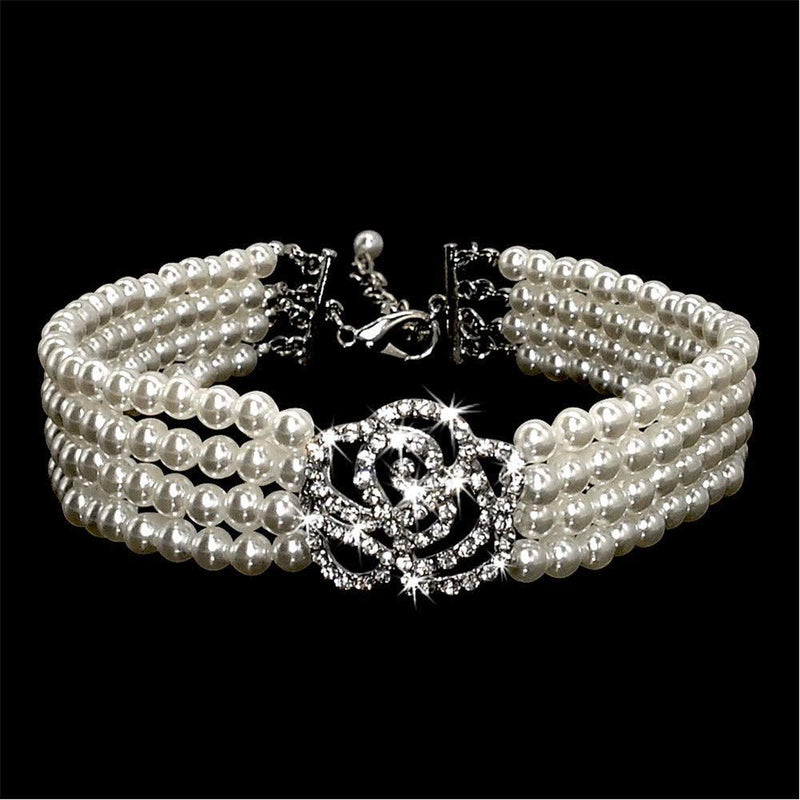Dogs Kingdom Elegant Fancy Pearls Dog Cat Collar Small Dog Crystal Rose Flower Collar Pet Party Neck Grooming Jewelry Accessory M:10-12" neck White - BeesActive Australia