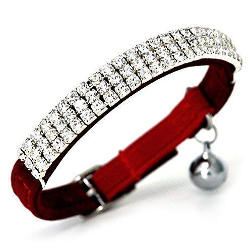 DAIXI Adjustable Cat Collar Soft Velvet Safe Collars Bling Diamante with Bells Red - BeesActive Australia