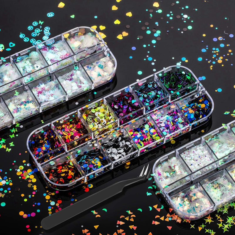 36 Boxes Holographic Nail Art Sequins Nails Glitter Iridescent Flakes Colorful Round Paillette with Tweezer for Nail Art DIY Make up Face Body Eyes Decoration - BeesActive Australia