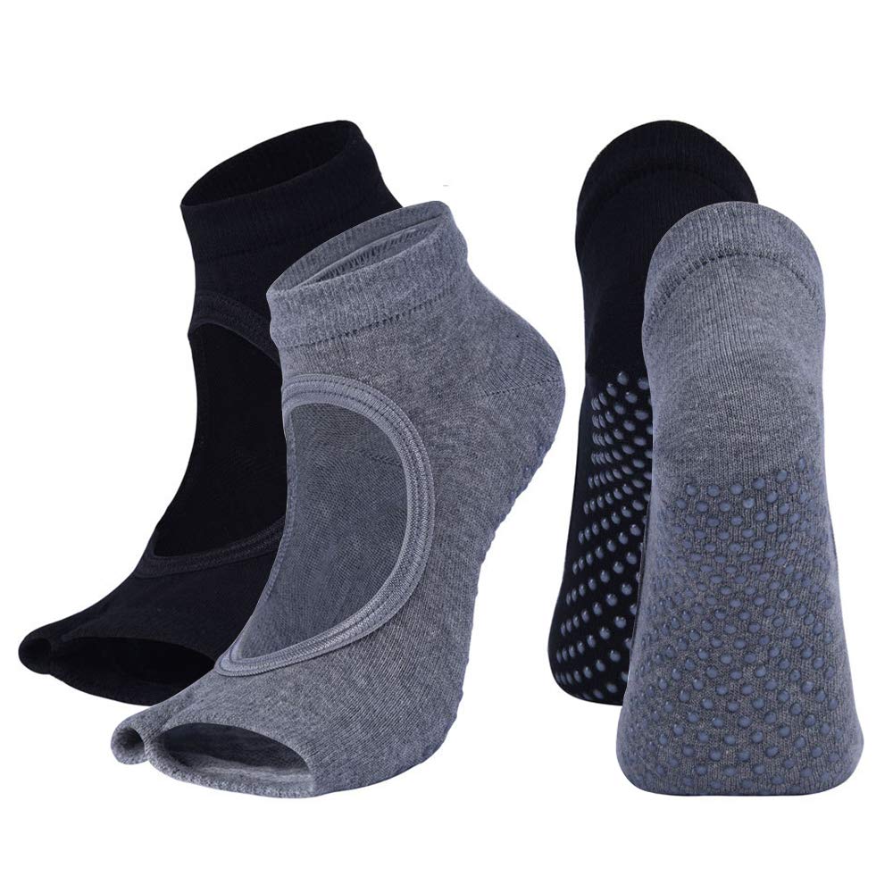 2 Pairs Open Toe Yoga Socks for Women Non Slip Grip Sock for Pilates Sports Grey and Black - BeesActive Australia