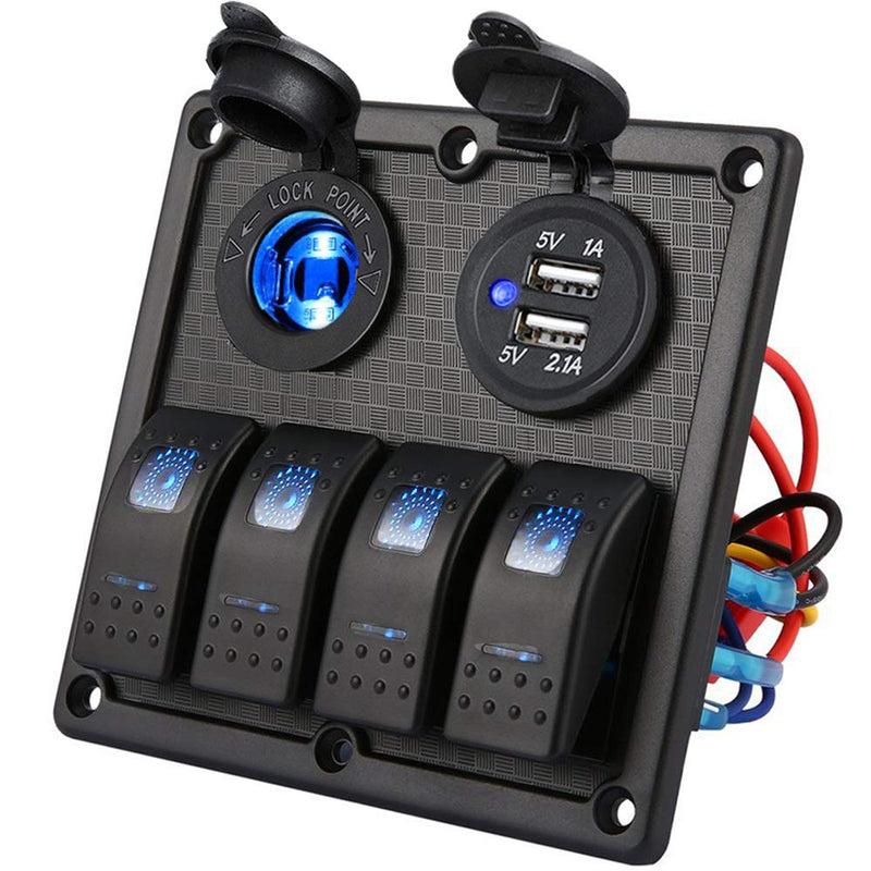 [AUSTRALIA] - Kohree 4 Gang Marine Boat Rocker Switch Panel, 12V Waterproof LED Lighted Toggle Switches Fuse Breaker Protected Control with 12 Volt Marine USB Power Outlet for Car Boat RV Scooter Truck Vehicles 