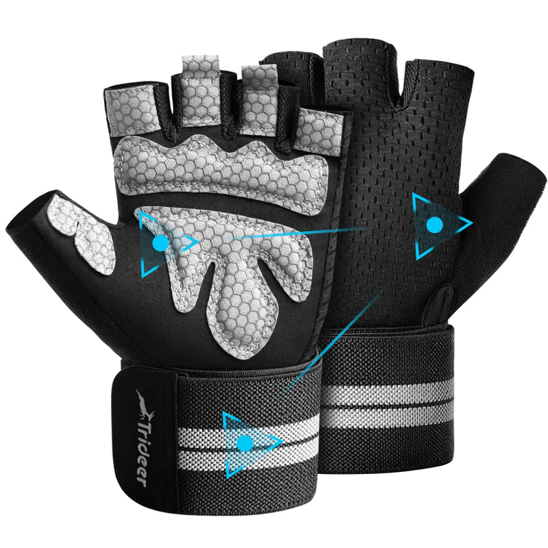 TriDeer Workout Weight Lifting Gloves for Women Men with Wrist Straps, Breathable Fingerless Gym Exercise Gloves with Grip, Full Palm Protection, for Weight Training, Pull Up, Gym Fitness, Home Work Out Black Medium (7.5-7.9 in) - BeesActive Australia
