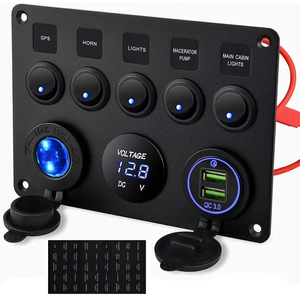 Kohree 5 Gang Rocker Switch Panel 12V Waterproof Toggle Switch Panel Led Aluminum Digital Voltmeter Display QC 3.0 Dual USB Charger Port DC 12/24 Volt Socket for RV Boat Car Vehicles Truck Marine - BeesActive Australia