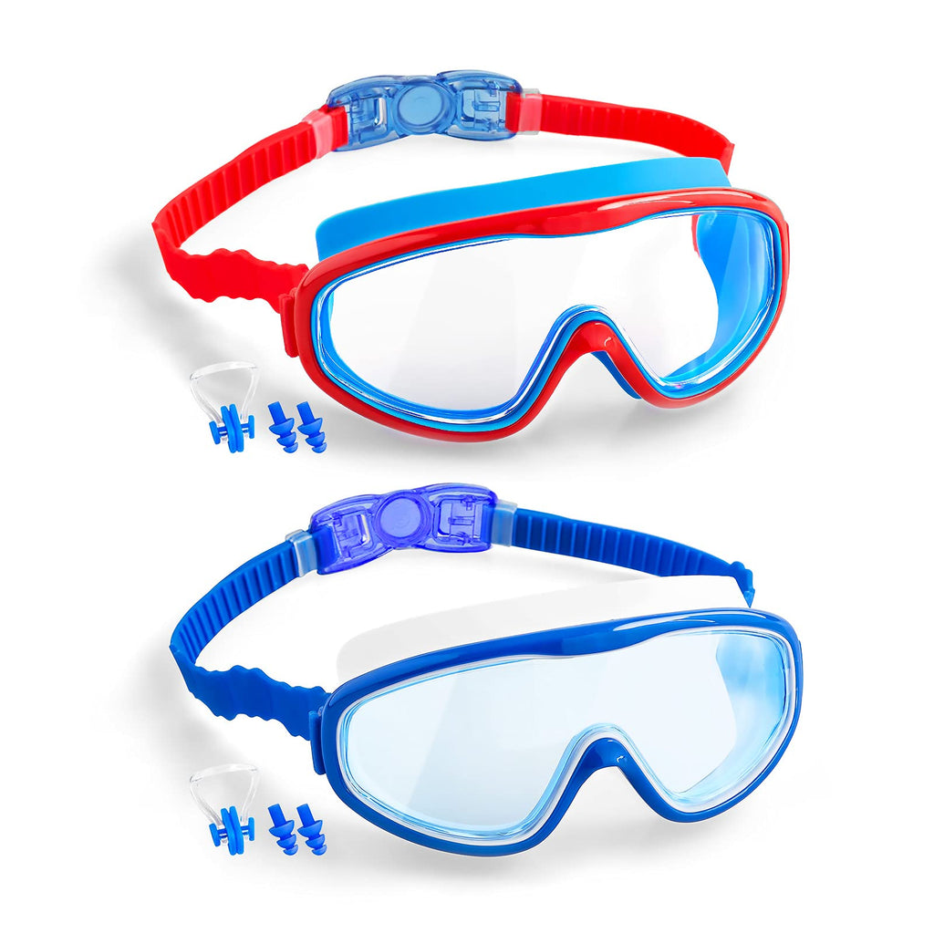 Elimoons Kids Goggles for Swimming Age 3-15,Kids Swim Goggles with Nose Cover No Leaking Anti-Fog Waterproof(2pack) A.blue+red - BeesActive Australia