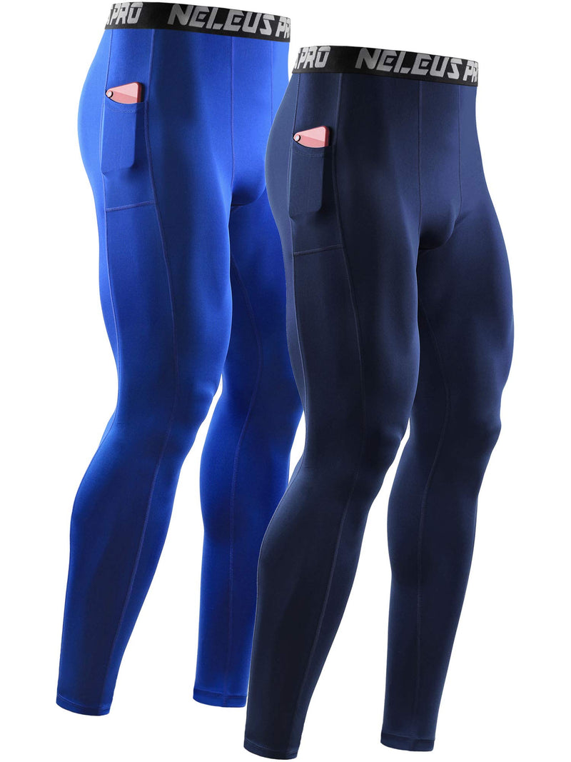 Neleus Men's Dry Fit Compression Baselayer Pants Running Tights Leggings with Phone Pocket Medium 6069 Blue/Navy,2 Pack - BeesActive Australia