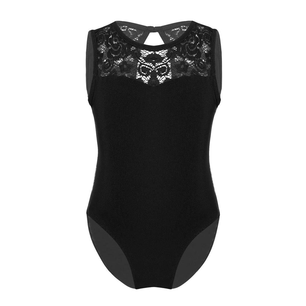 [AUSTRALIA] - renvena Kids Girls Classic Ballet Dance Leotard Gymnastic Active Sleeveless Floral Lace Splice Keyhole Back Bodysuit Black 10-12 