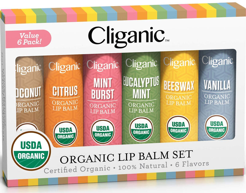 Cliganic USDA Organic Lip Balm Set - 6 Flavors - 100% Natural Moisturizer for Cracked & Dry Lips Variety 6 Pack - BeesActive Australia