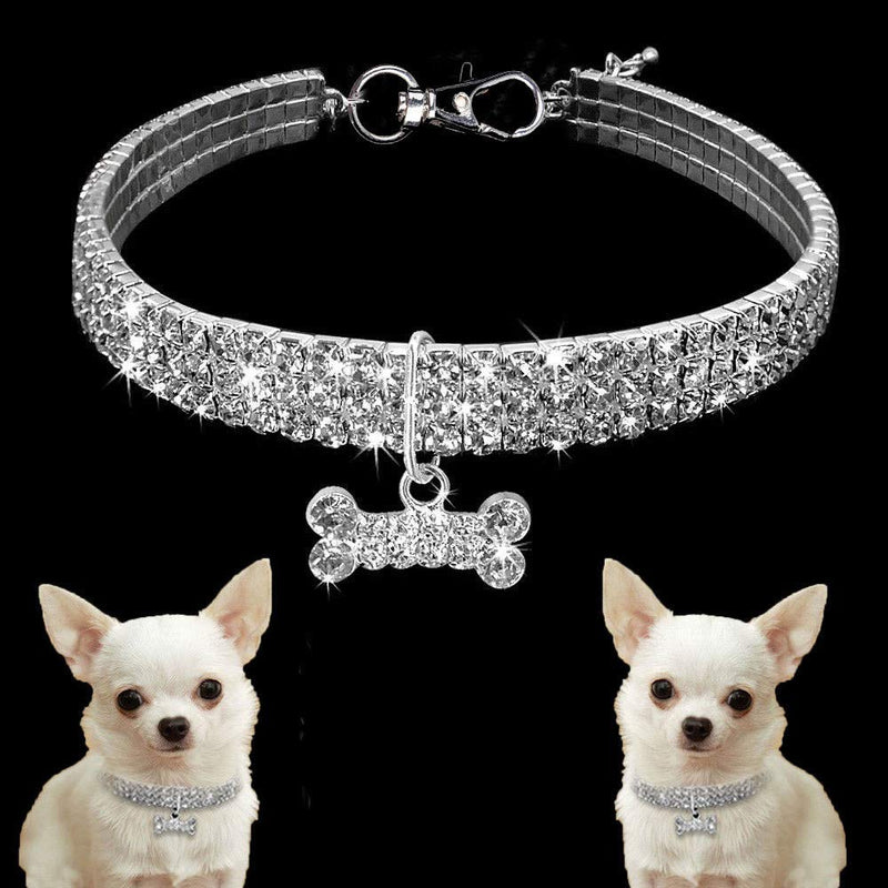 Dogs Kingdom Amazing 3 Rows Rhinestones Necklace Pet Cat Dog Collar Bling Rhinestone Bone Jewelry Party Wedding Accessories S:8-10" neck White - BeesActive Australia