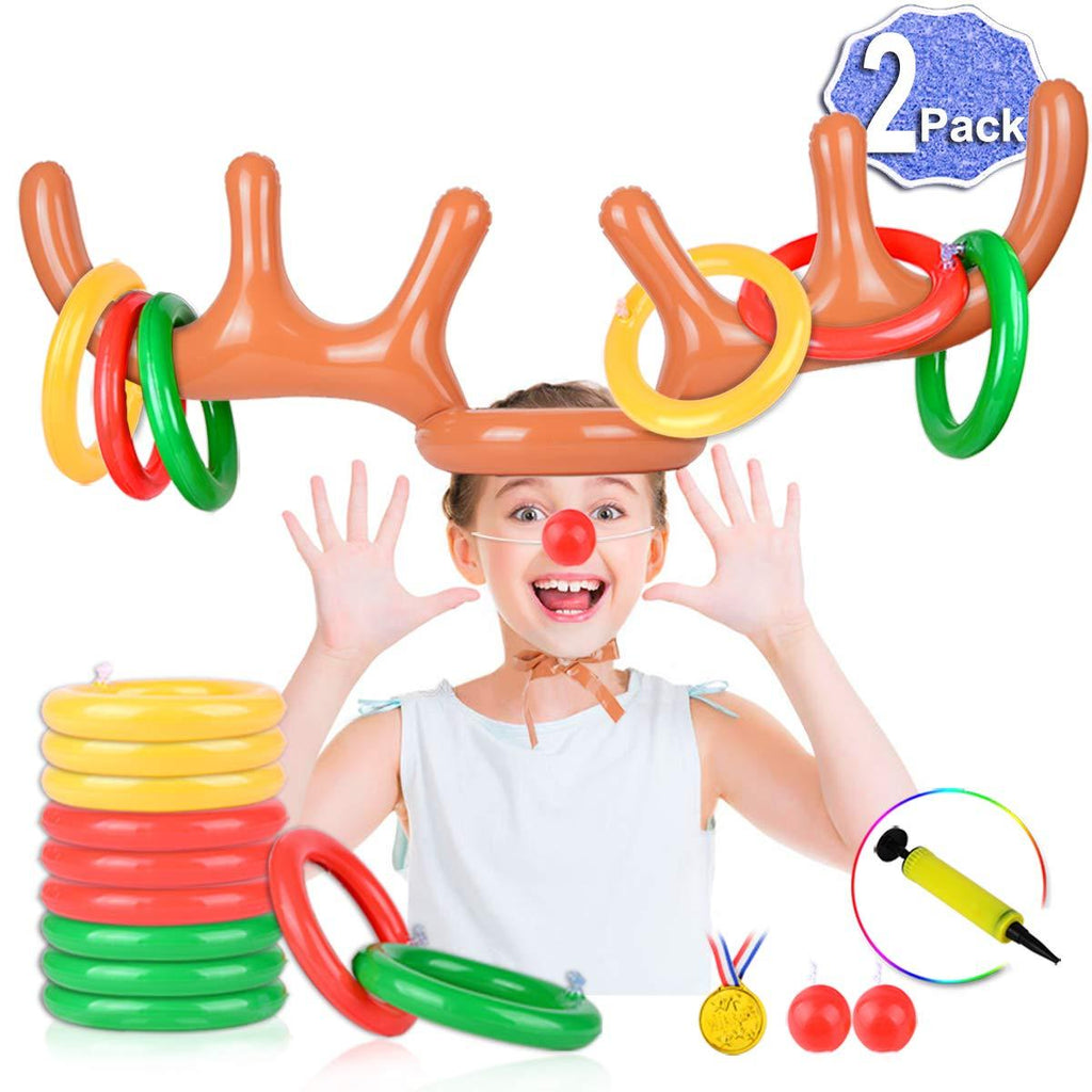 [AUSTRALIA] - 2 Set Inflatable Reindeer Antler Game (2 Reindeer Antler Hat with 12 Ring Toss, 2 Red Reindeer Nose, 1 Medal and 1 Hand-held Pump) Great Family Christmas Party Games 