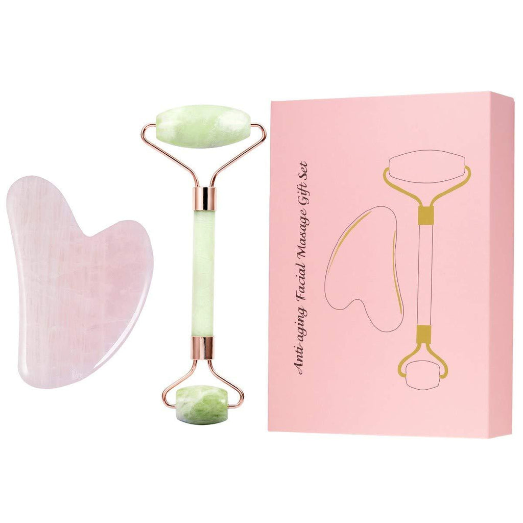 rockcloud Natural Crystal Jade Roller and Gua Sha Scraping Set Massager Tool for Anti Aging Beauty Neck Body Reduce Wrinkles Facial Massager Therapy Xiuyan Jade and Rose Quartz Crystal Stone Green & Pink - BeesActive Australia