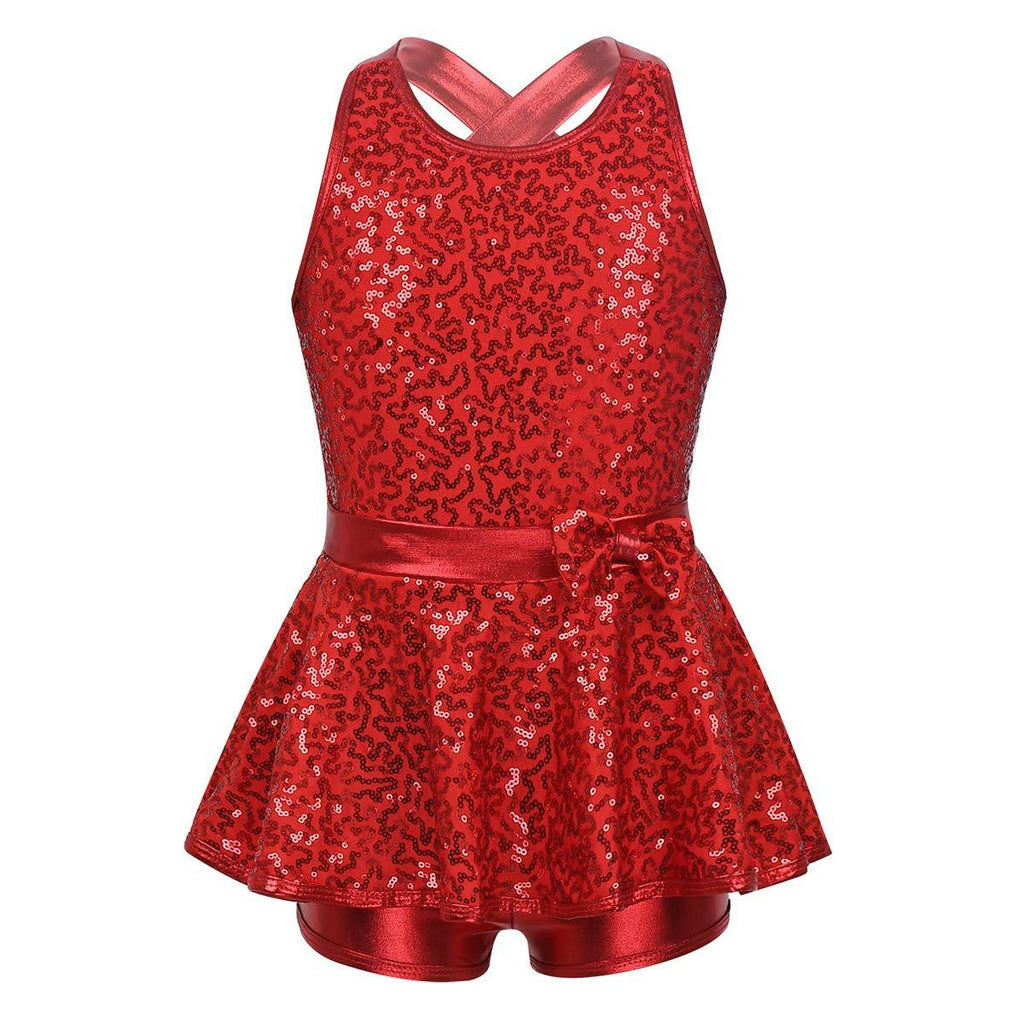 [AUSTRALIA] - inhzoy Girls Jazz Hip Hop Criss Cross Back Dance Leotard Dress Kids Sequins Outfit Dancewear Red 12 