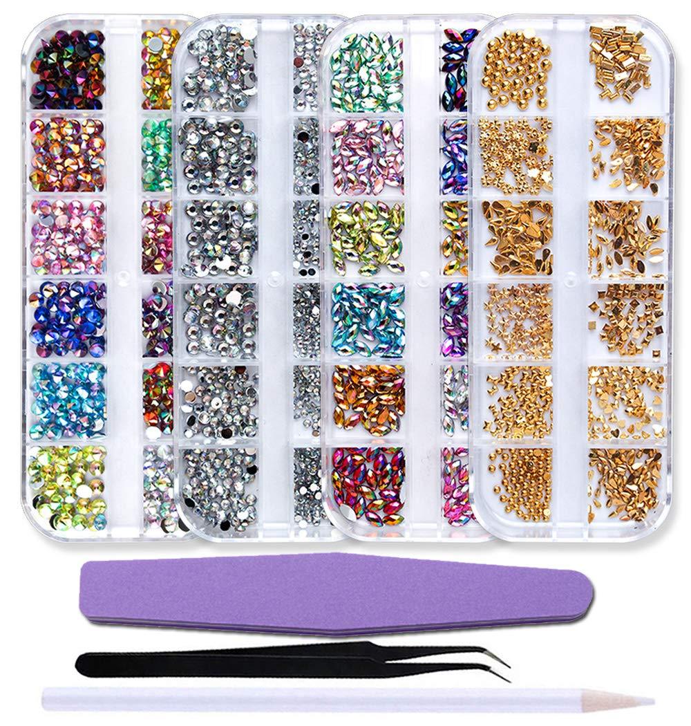 SILPECWEE 4 Boxes Colorful AB Nail Rhinestones And Crystal 3D Nail Studs Horse Eyes Mix-Size Nail Jewelry Decorations With 1Pc Tweezers 1Pc Picker Pencil 1Pc Nail File NO1 - BeesActive Australia