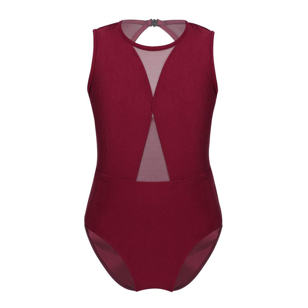 [AUSTRALIA] - renvena Kids Girls One Piece Ballet Dance Leotard Sleeveless Mesh Splice Cutout Back Active Bodysuit Dancewear Burgundy 8-10 