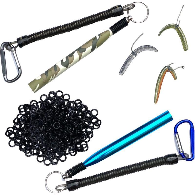 JIGITY - 2 Pack Wacky Rig Tool and O Rings (220 or 340pcs) | Blue + Camouflage Tools for Senkos Stick Bait Neko Ned Finesse Rigging Style Kit Bass Fishing Gear Aluminum Tube (NO Worms or Hooks) 2pk + 220 Black O-Rings - BeesActive Australia