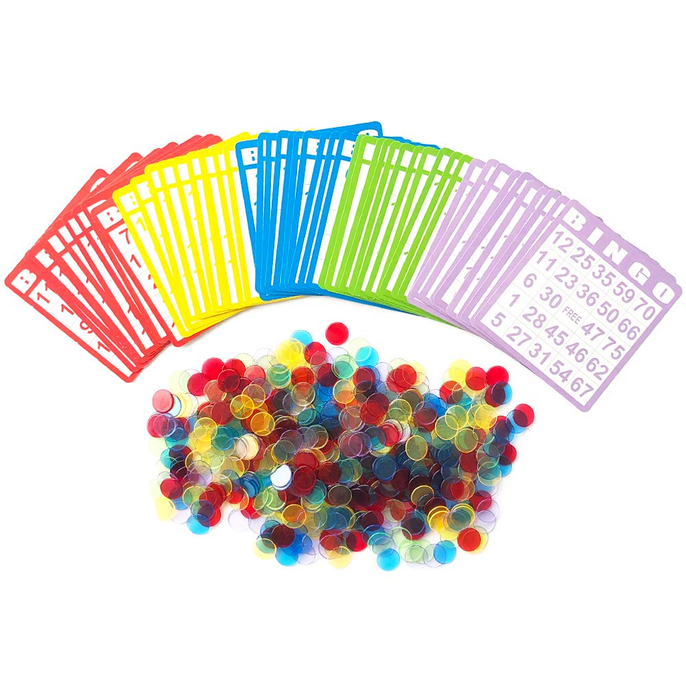 Yuanhe Bingo Game Set with 50 Bingo Cards and 500 Colorful Transparent Bingo Chip - BeesActive Australia