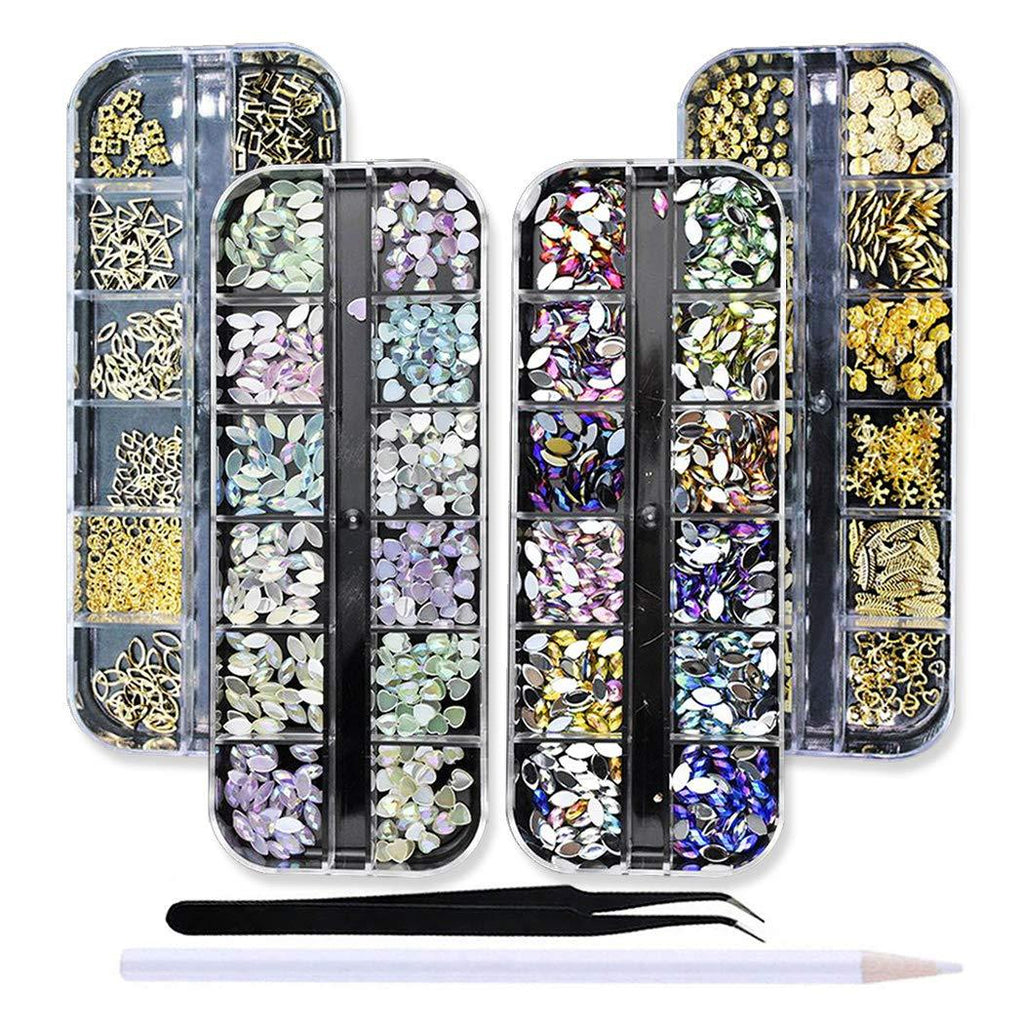 SILPECWEE 4 Boxes 3D Flat-Back Nail Art Crystals Kit Gold Hollow Nail Studs Shell Horse Eyes Manicure Decoration With 1Pc Tweezers 1Pc Picker Pencil NO3 - BeesActive Australia