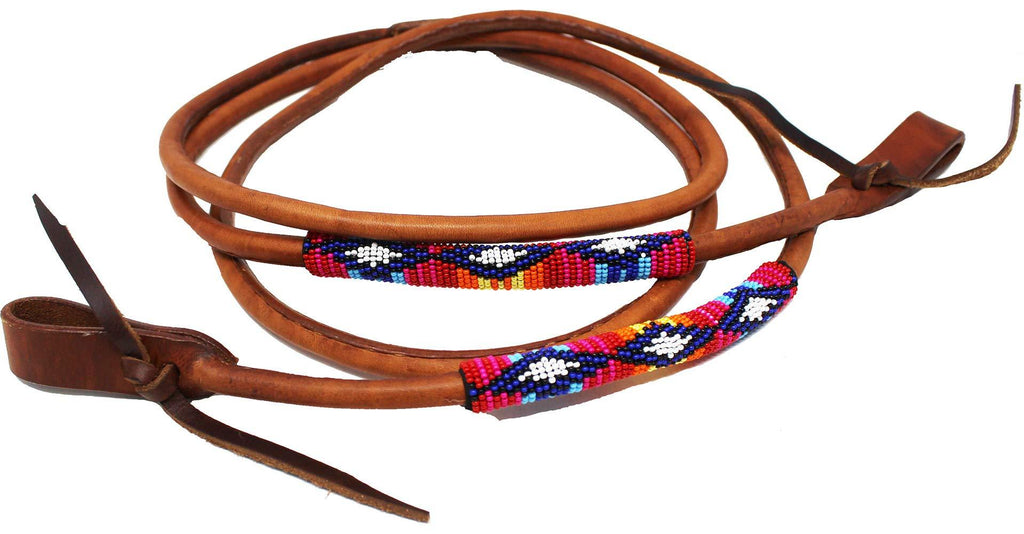 [AUSTRALIA] - CHALLENGER Horse Western 8ft Rolled Harness Leather Beaded Barrel Reins w/Tie Ends 66RT38 