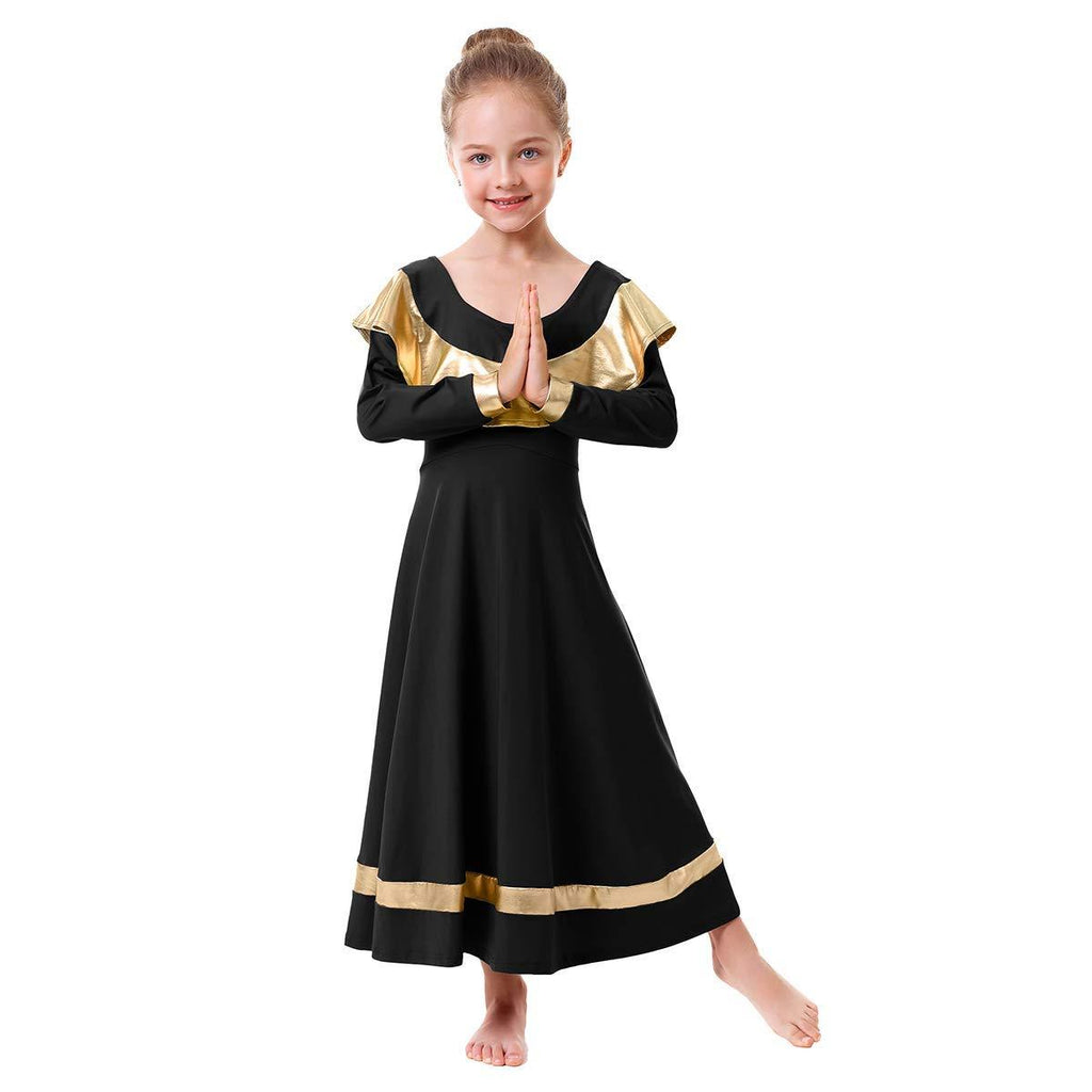 [AUSTRALIA] - IBAKOM Girls Ruffle Praise Dance Robe Liturgical Worship Metallic Gold Dress Kids Loose Fit Full Length Tunic Dancewear 3-4T Black+gold 