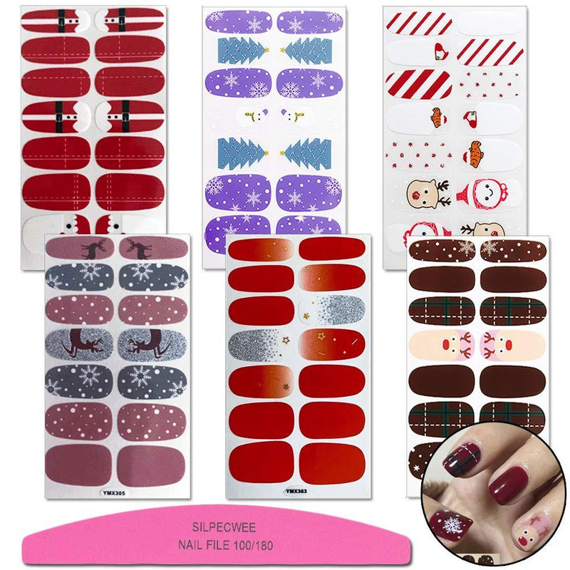 SILPECWEE 6 Sheets Christmas Adhesive Nail Polish Strips Stickers Glitter Snowman Nail Decals Full Wraps Manicure Accessories and 1Pc Nail File NO1 - BeesActive Australia