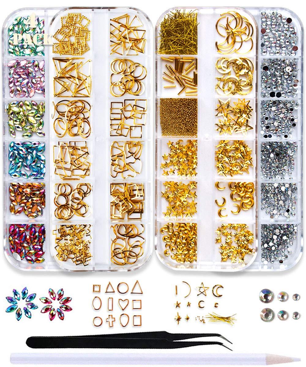 SILPECWEE 4 Boxes 3D Nail Art Decoration Flat-back Nail Rhinestones Crystal Metal Nail Studs Horse Eyes Manicure Kit With 1Pc Tweezers 1Pc Picker Pencil NO1 - BeesActive Australia