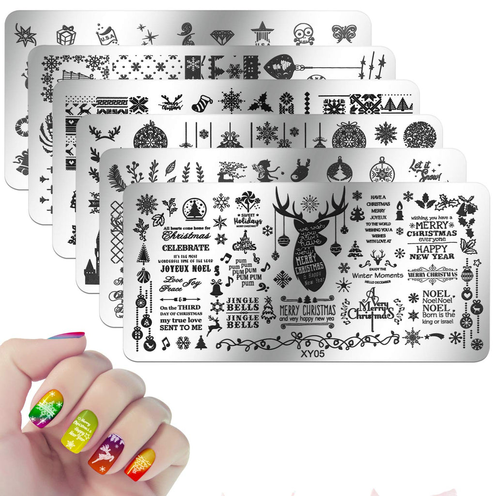 6pcs Chritmas Nail Stamping Plates, Akwox Nail Art Stamping Template, Snowflake Santa Claus Christmas Tree Stocking manicuring Print DIY Image Nail Stampe Plate - BeesActive Australia