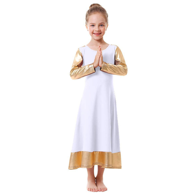 [AUSTRALIA] - OwlFay Little Big Girl Metallic Color Block Long Sleeve Praise Dance Dress Loose Fit Full Length Liturgical Worship Dancewear 5-6 Years White + Gold 