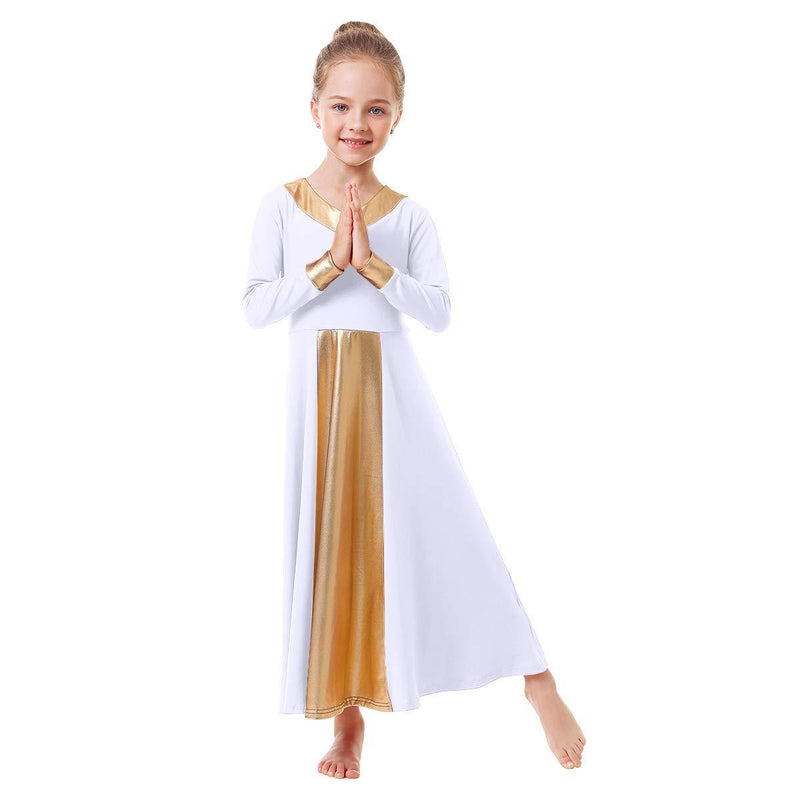 [AUSTRALIA] - OwlFay Kid Girls Metallic Gold V-Neck Long Sleeve Praise Dance Dresses Loose Fit Full Length Liturgical Lyrical Worship Skirt 3-4T White + Gold 