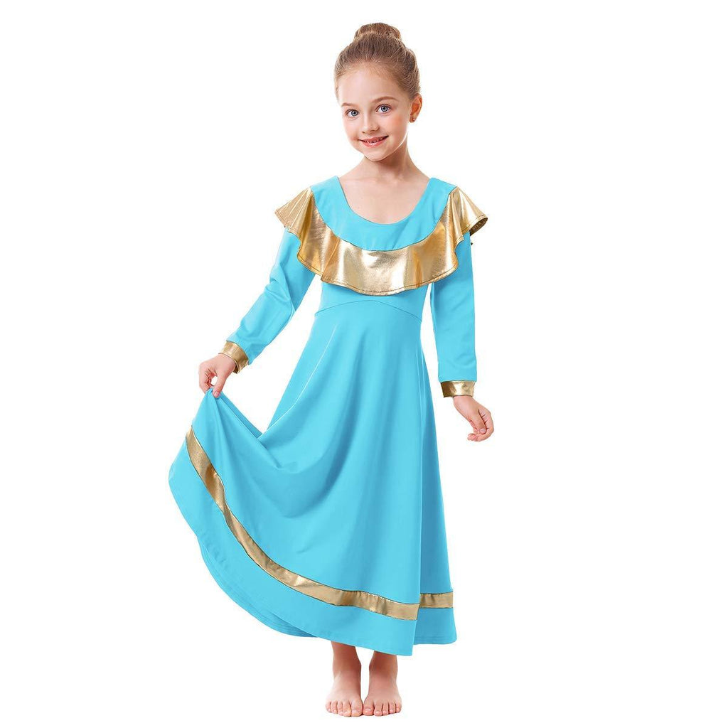[AUSTRALIA] - OwlFay Girls Ruffle Metallic Gold Color Block Praise Dance Dress Liturgical Lyrical Worship Tunic Skirt Kid Dancewear Costume 7-8 Years Blue + Gold 