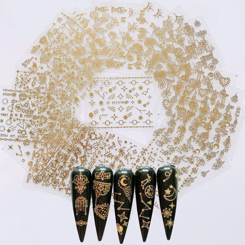 NAIL ANGEL 24 Sheets Nail Art Adhesive Gold Color Sticker Sheets Moon Star Universal Flower Shapes Sticker Sheets Nail Art Deco 10057 - BeesActive Australia