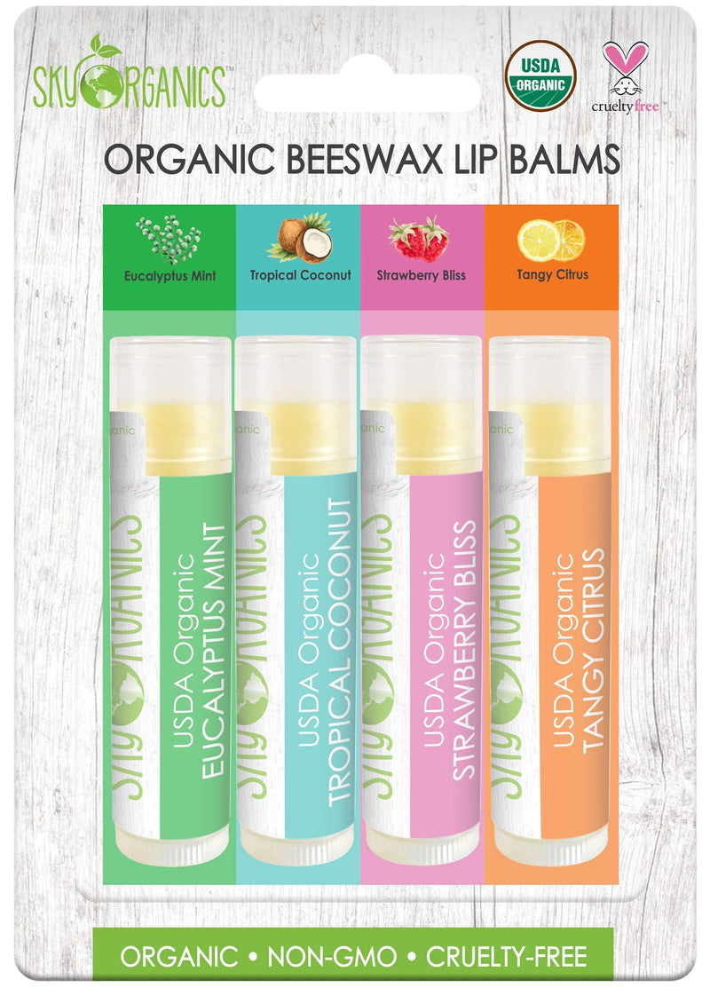 USDA Organic Flavored Beeswax Lip Balms (4 Tubes) Eucalyptus Mint, Tropical Coconut, Strawberry, Tangy Citrus – Beeswax Coconut Oil Vitamin E Lip Butter Chapstick for Dry Lips - For Adults & Kids 4 Lip Balms - BeesActive Australia