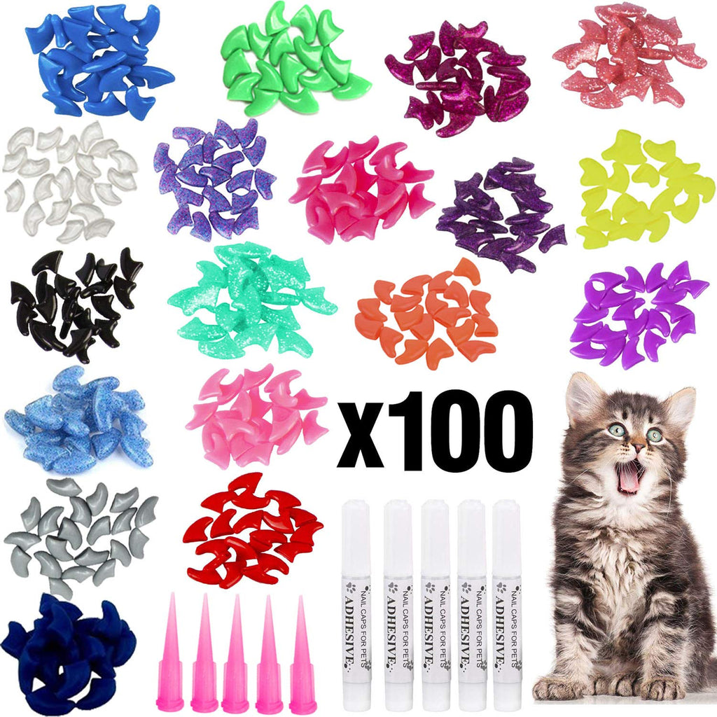 VICTHY 100pcs Cat Nail Caps, Colorful Pet Cat Soft Claws Nail Covers for Cat Claws with Glue and Applicators, 10 Colors/Set Medium - BeesActive Australia
