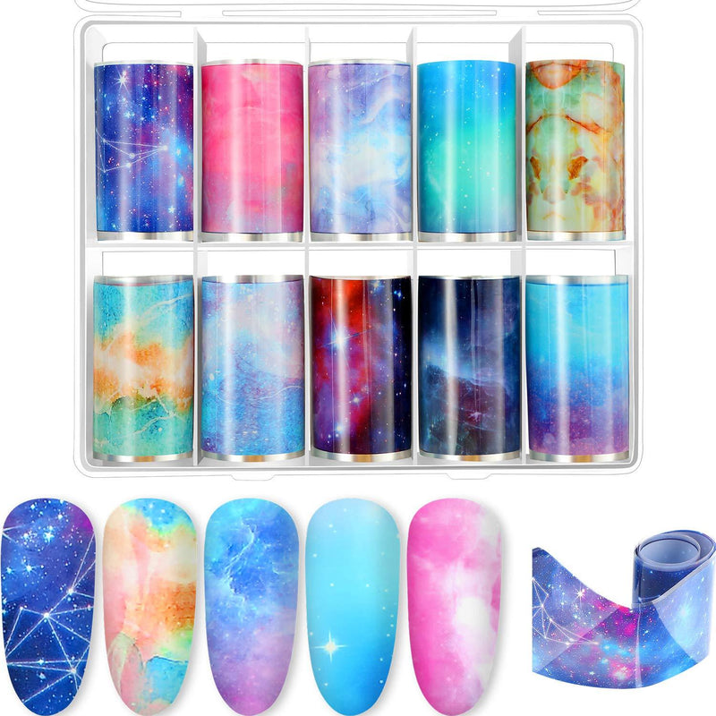 10 Sheets Fashion Art Nail Foil Transfer Stickers, Nail Decals Transfer Foil Box, DIY Decoration for Women and Kids, 10 Colors (Star Sky Patterns) - BeesActive Australia
